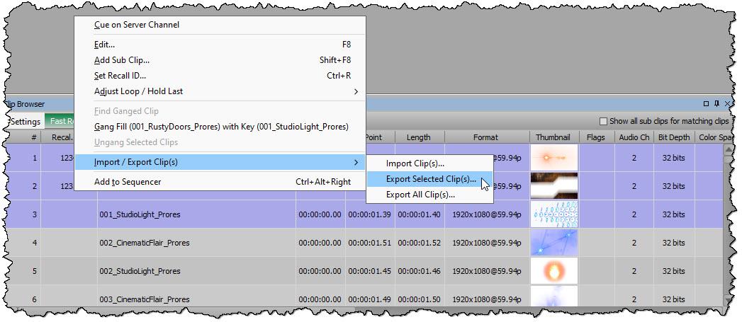 XPression Clips Export Clips Contextual Menu Screen Grab